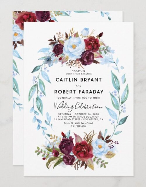 Burgundy Red and Dusty Blue Floral Wedding Invitation