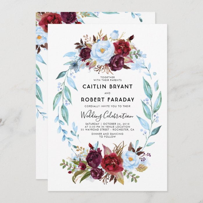Burgundy Red and Dusty Blue Floral Wedding Invitation