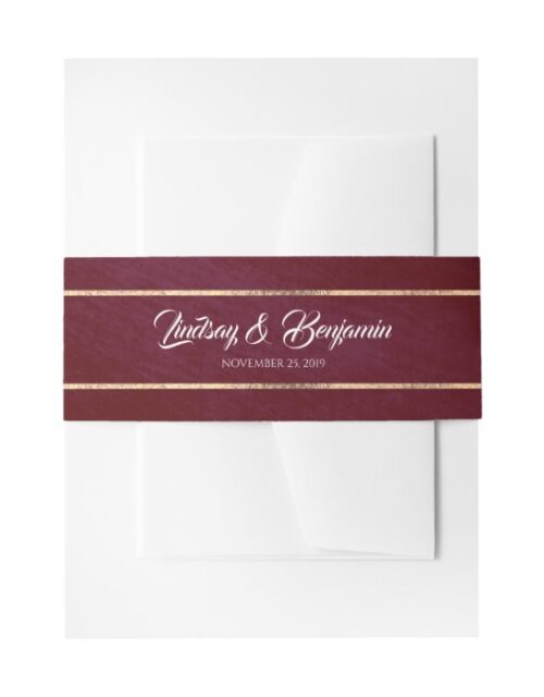 Burgundy Red and Gold Stripes Wedding Invitation Belly Band