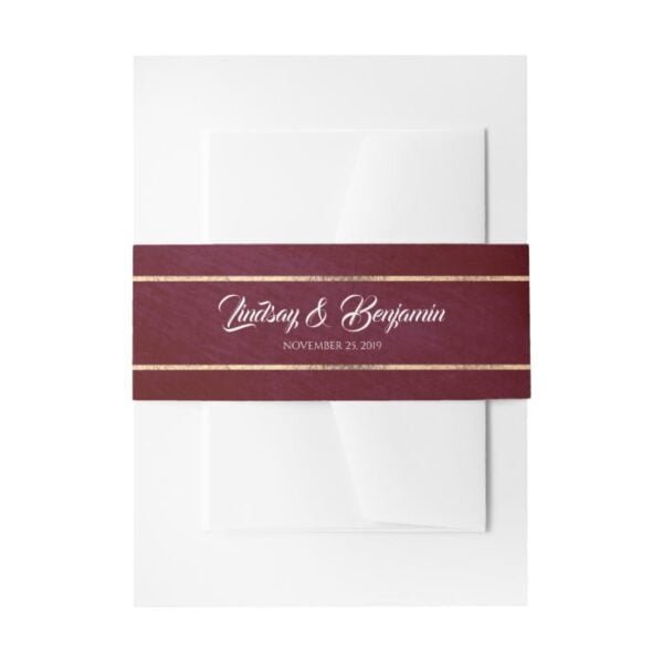 Burgundy Red and Gold Stripes Wedding Invitation Belly Band