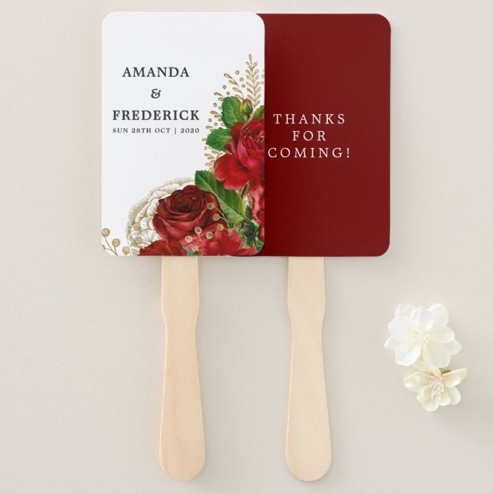 Burgundy Red and Gold Vintage Shabby Roses Wedding Hand Fan