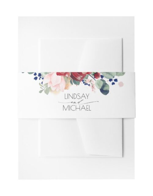 Burgundy Red and Navy Blue Floral Wedding Invitation Belly Band