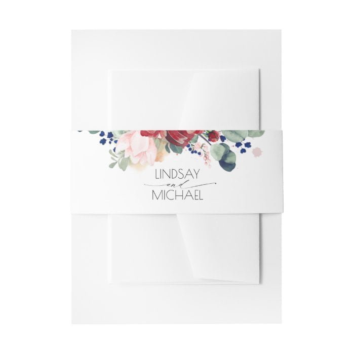Burgundy Red and Navy Blue Floral Wedding Invitation Belly Band