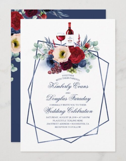 Burgundy Red and Navy Blue Floral Winery Wedding Invitation