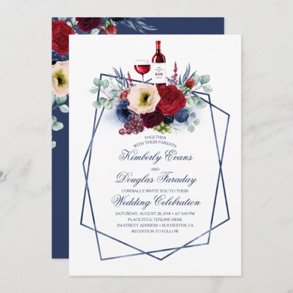 Burgundy Red and Navy Blue Floral Winery Wedding Invitation