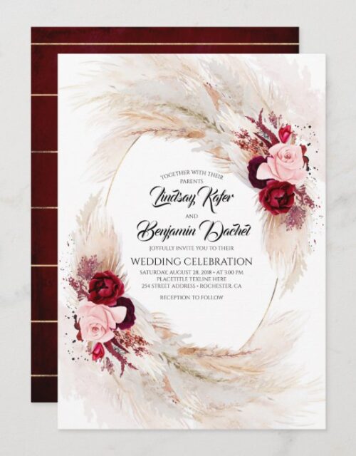 Burgundy Red and Pink Floral Pampas Grass Wedding Invitation