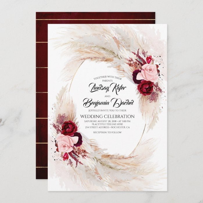 Burgundy Red and Pink Floral Pampas Grass Wedding Invitation