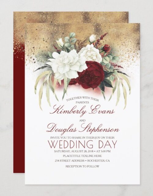 Burgundy Red and White Floral Elegant Wedding Invitation