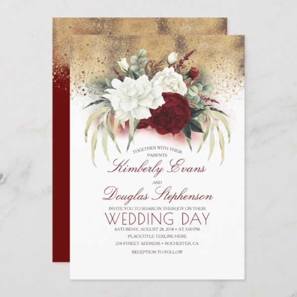 Burgundy Red and White Floral Elegant Wedding Invitation
