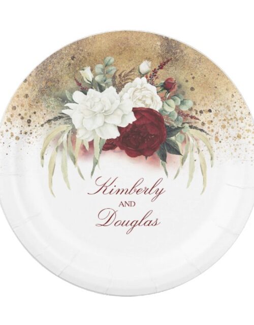 Burgundy Red and White Flowers Gold Wedding Paper Plate