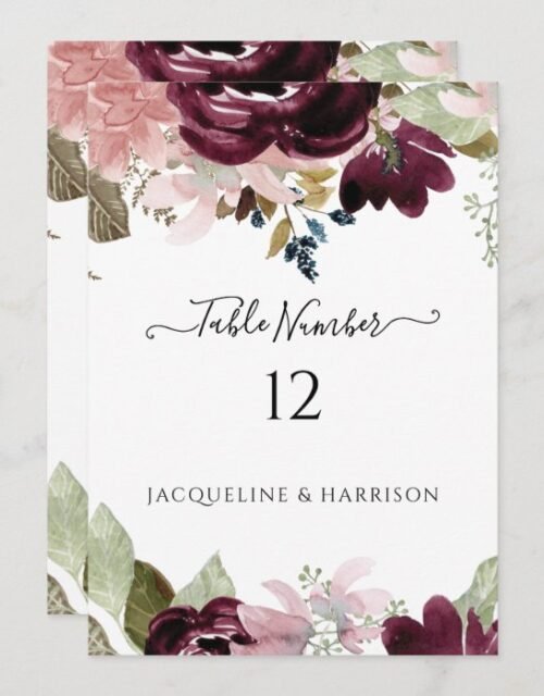 Burgundy Red Blush Floral Elegant Table Number