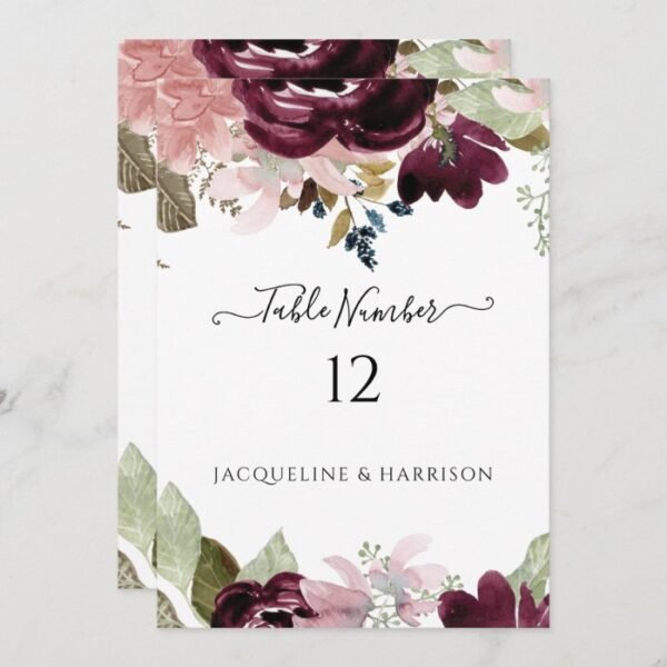 Burgundy Red Blush Floral Elegant Table Number