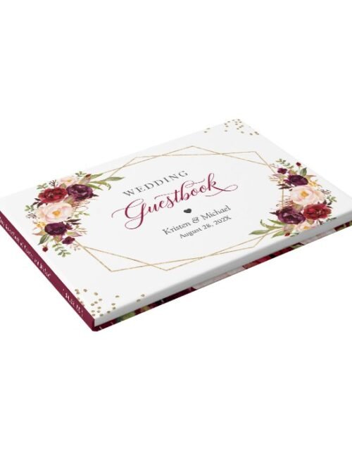 Burgundy Red Blush Floral Gold Geometric Wedding Guest Book