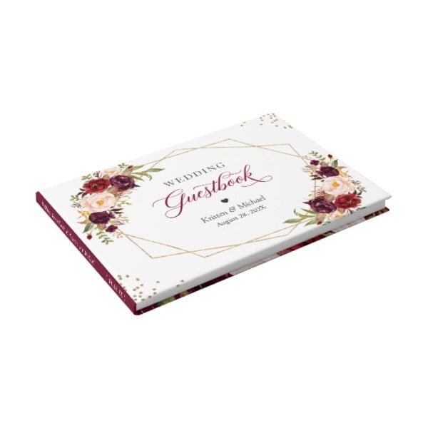 Burgundy Red Blush Floral Gold Geometric Wedding Guest Book