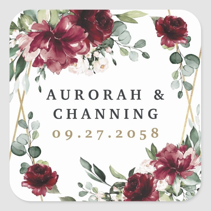 Burgundy Red Blush Gold Geometric Greenery Wedding Square Sticker