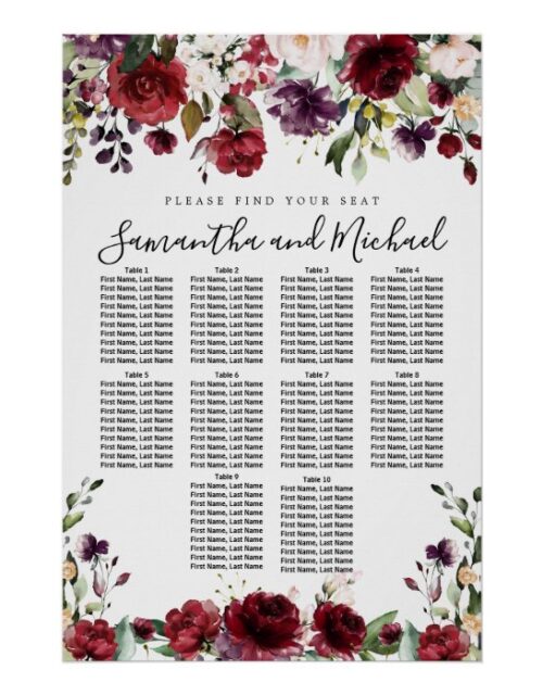 Burgundy Red Floral 10-Table Wedding Seating Chart