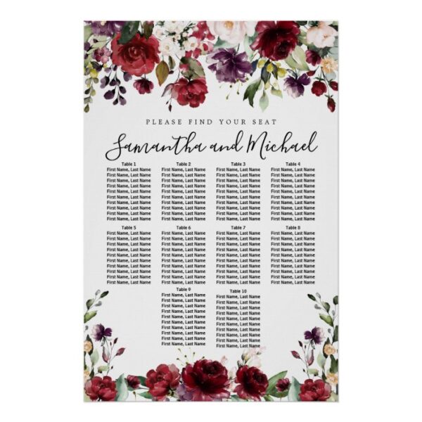 Burgundy Red Floral 10-Table Wedding Seating Chart