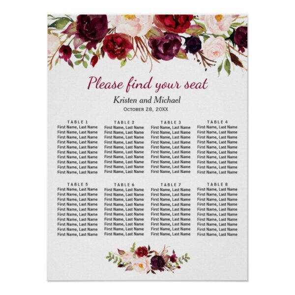Burgundy Red Floral 8 Tables Wedding Seating Chart