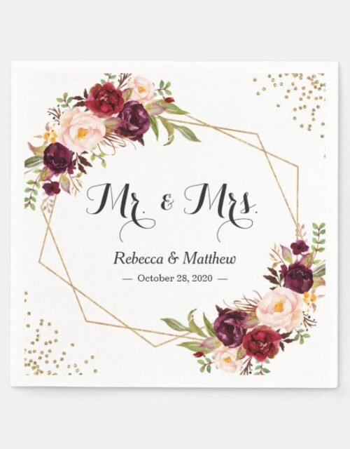 Burgundy Red Floral Gold Geometric Frame Wedding Napkins