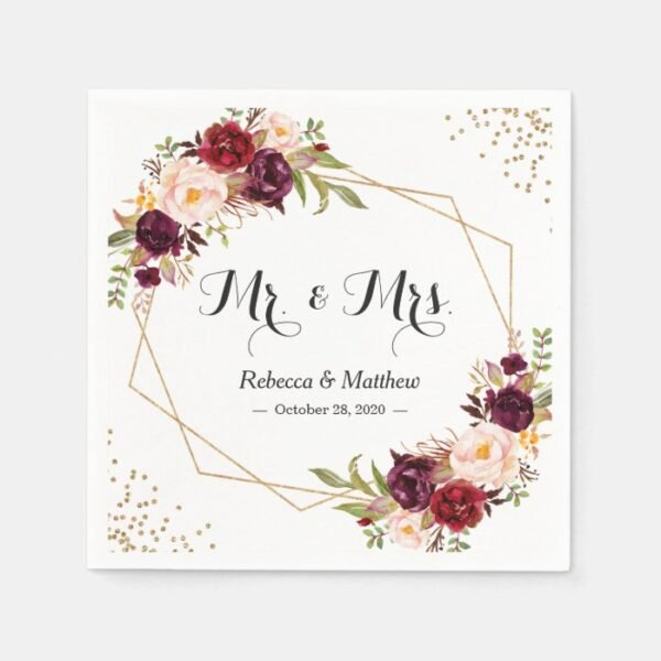 Burgundy Red Floral Gold Geometric Frame Wedding Napkins