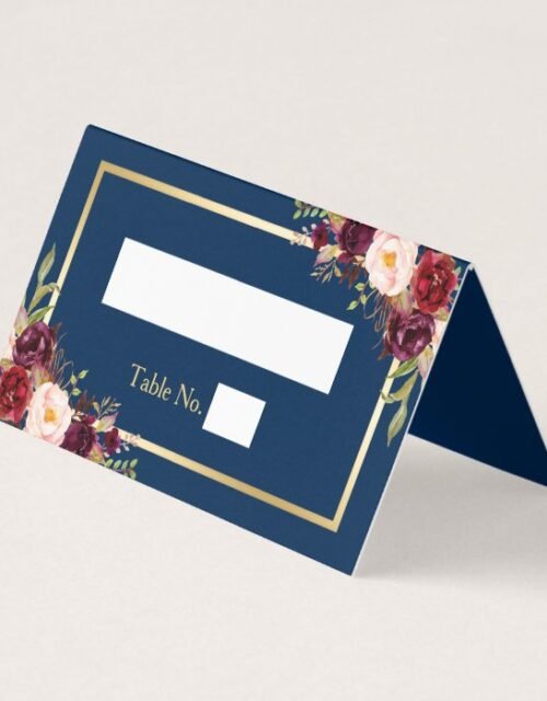 Burgundy Red Floral Navy Blue Gold Frame Wedding Place Card