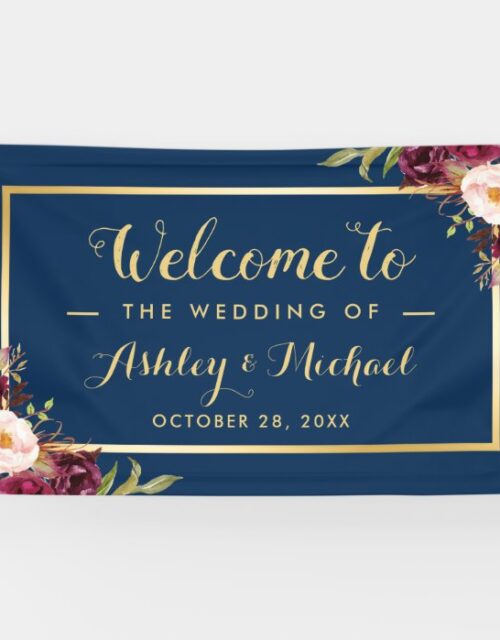 Burgundy Red Floral Navy Blue Gold Wedding Party Banner