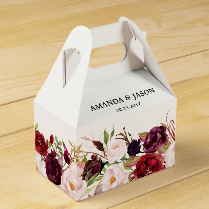 Burgundy Red Floral Rustic Boho Wedding Favor Box
