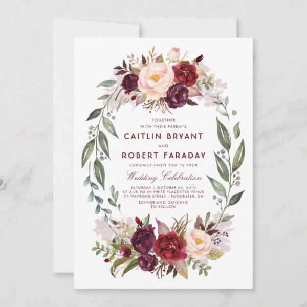 Burgundy Red Floral Wreath Elegant Rustic Wedding Invitation