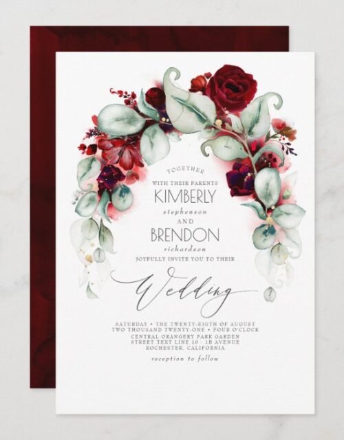 Burgundy Red Flowers and Greenery Elegant Wedding Invitation