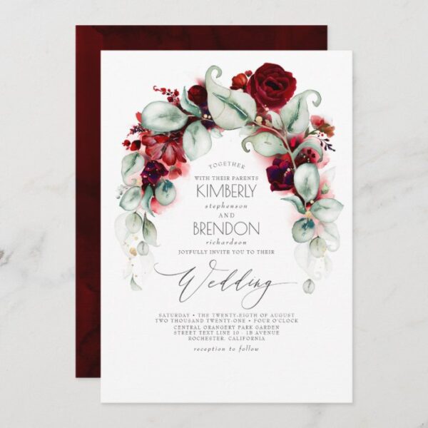 Burgundy Red Flowers and Greenery Elegant Wedding Invitation