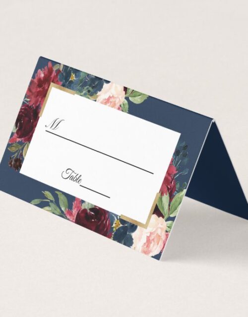 Burgundy Red Navy Blue Floral Wedding Table Place Card