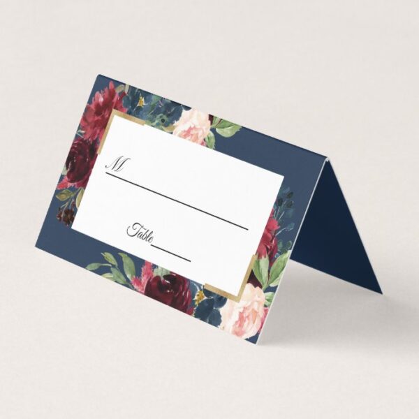 Burgundy Red Navy Blue Floral Wedding Table Place Card