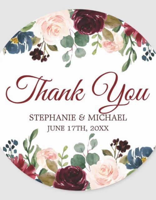 Burgundy Red Navy Floral Rustic Boho Thank You Classic Round Sticker