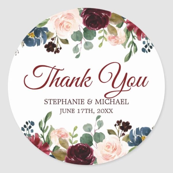 Burgundy Red Navy Floral Rustic Boho Thank You Classic Round Sticker