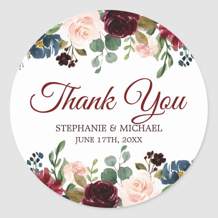 Burgundy Red Navy Floral Rustic Boho Thank You Classic Round Sticker