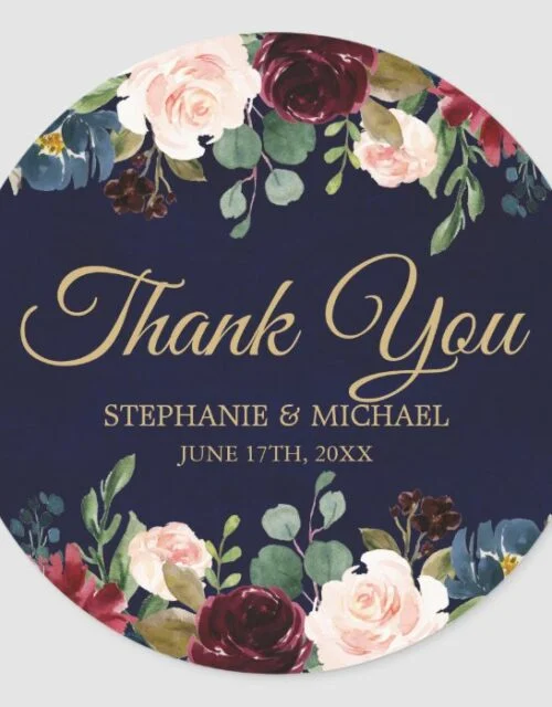 Burgundy Red Navy Floral Rustic Boho Thank You Classic Round Sticker