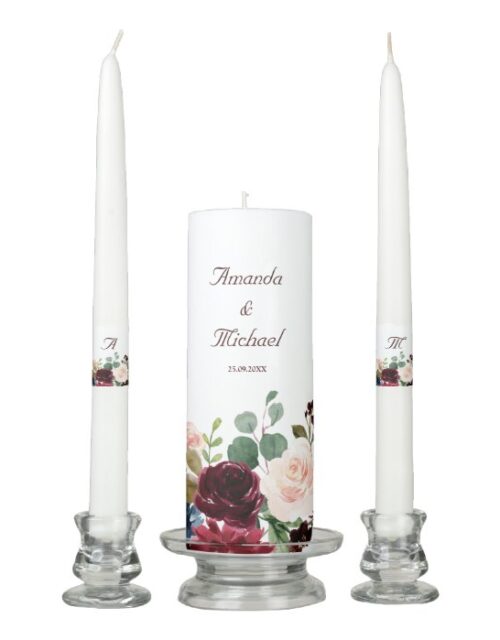 Burgundy Red Navy Floral Rustic Boho Unity Candle