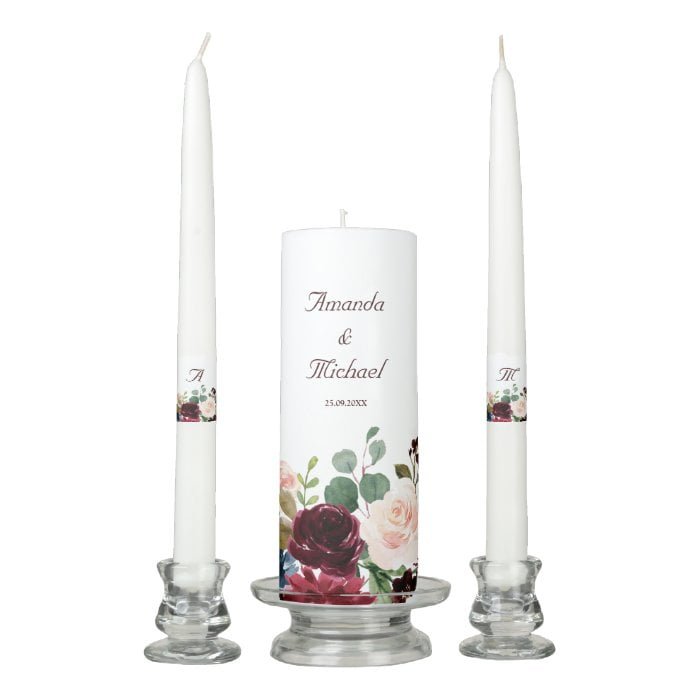 Burgundy Red Navy Floral Rustic Boho Unity Candle
