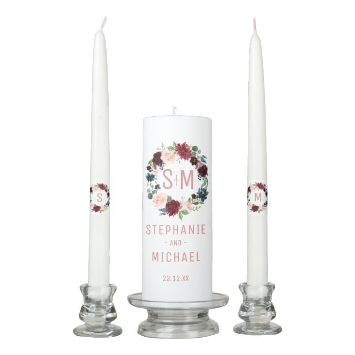 Burgundy Red Navy Floral Rustic Boho Unity Candle