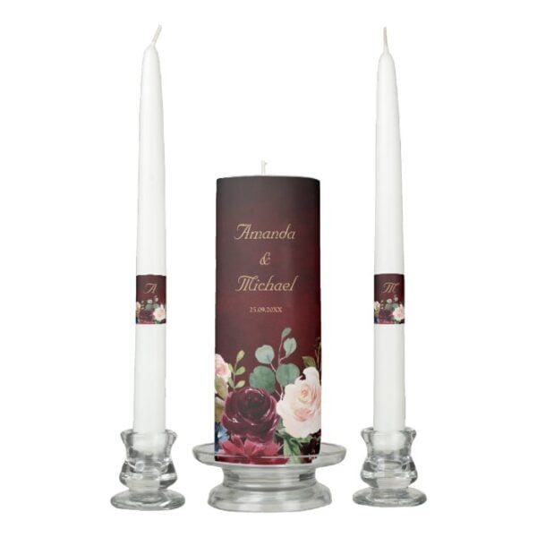 Burgundy Red Navy Floral Rustic Boho Unity Candle