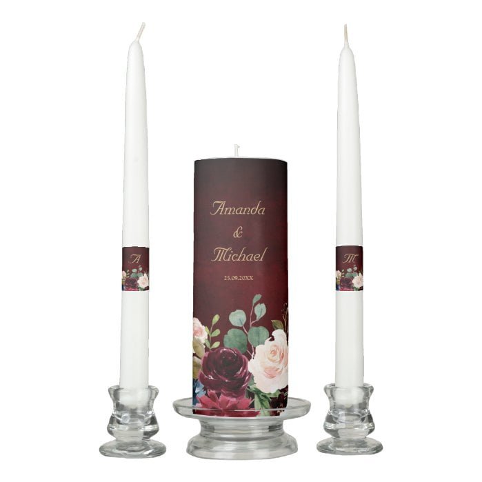 Burgundy Red Navy Floral Rustic Boho Unity Candle