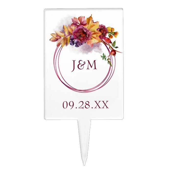 Burgundy Watercolor Fall Bouquet Elegant Wedding Cake Topper