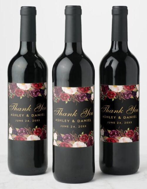 Burgundy Watercolor Floral Gold Wedding Black Wine Label