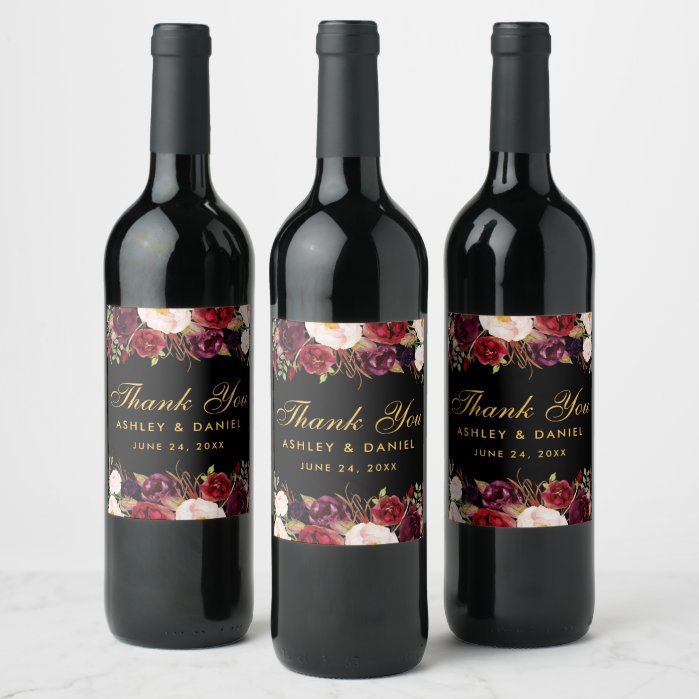 Burgundy Watercolor Floral Gold Wedding Black Wine Label