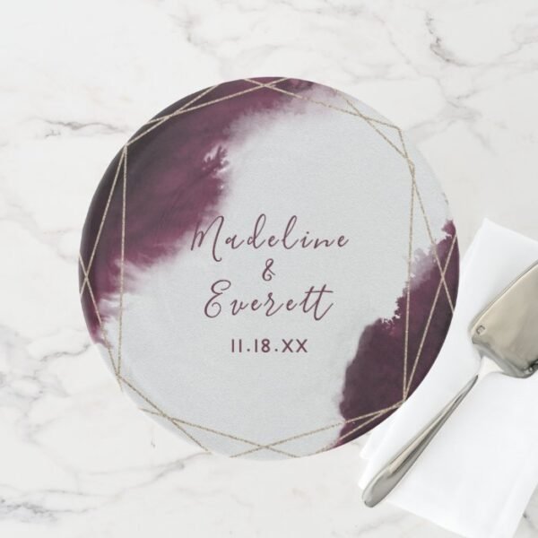 Burgundy Watercolor Geometric Wedding Monogram Cake Stand