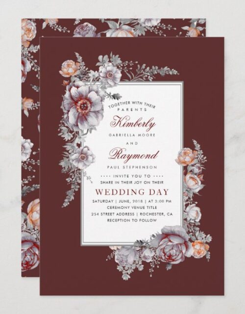 Burgundy Watercolors Vintage Floral Wedding Invitation