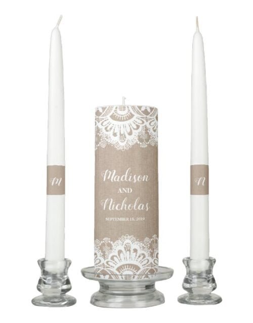 Burlap and Lace Wedding Unity Candle Set, Rustic