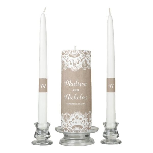 Burlap and Lace Wedding Unity Candle Set, Rustic