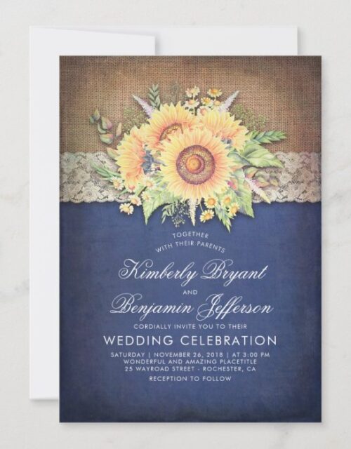 Burlap Lace and Sunflower Navy Rustic Fall Wedding Invitation