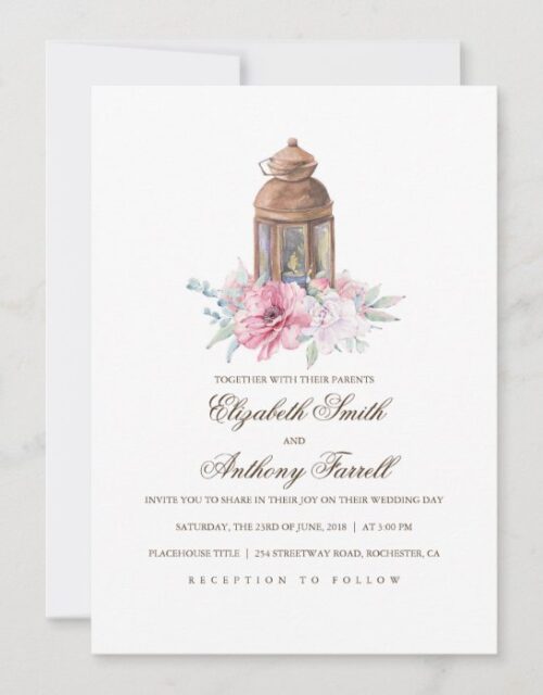 Candle Lit Lantern - Floral Watercolor Wedding Invitation
